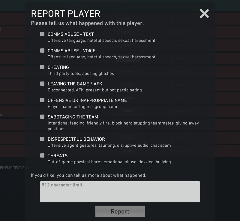 valorant in-game bans player report screen