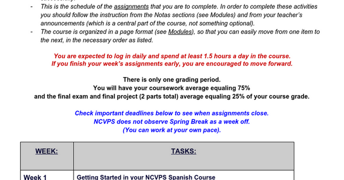 Spanish 3 Schedule of Assignments - Spring 2017