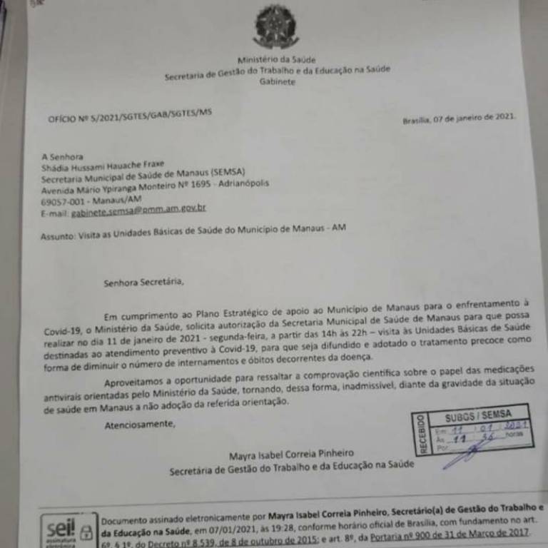 Ofício enviado pelo Ministério da Saúde à Prefeitura de Manaus