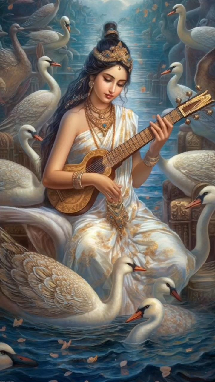 As shown in this image, Saraswati is wearing a white sari with gold embellishments and jewelry. As she plays  the Veena, she is surrounded by swans. 