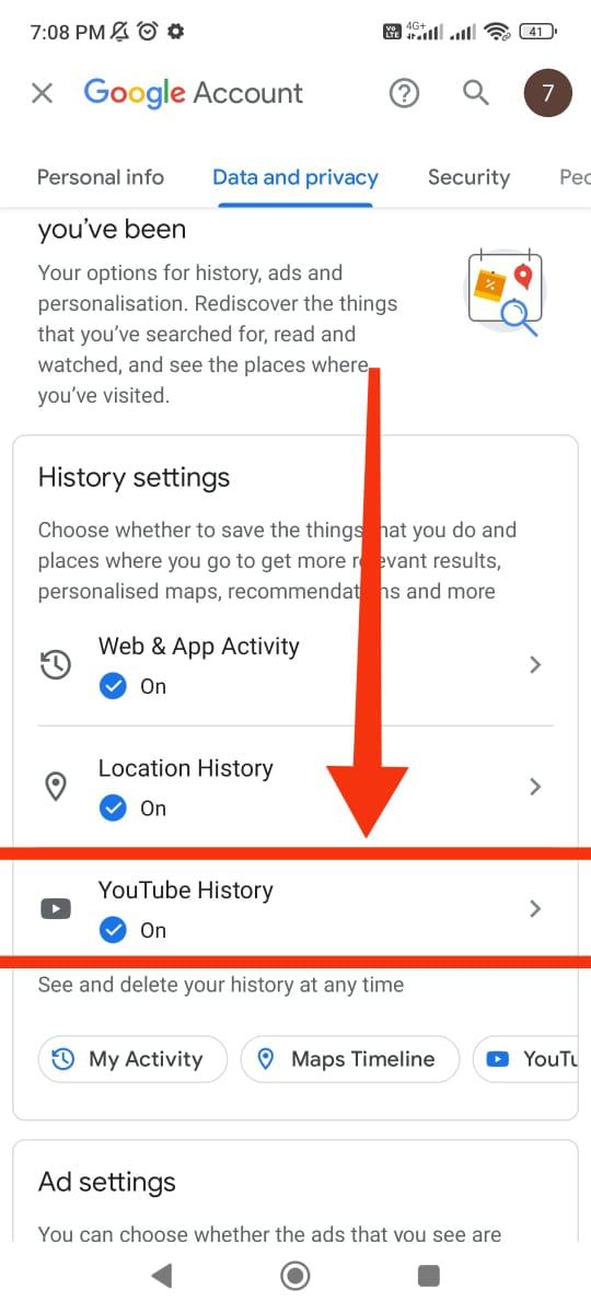 red arrow pointing towards Youtube history in the Google manage account settings from the data privacy