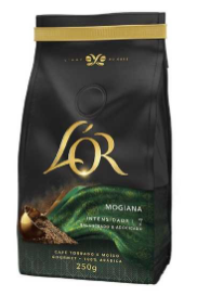Café em pó Mogiana Pouch L'or, embalagem preta com detalhes em verde