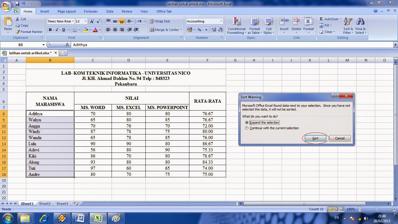 cara, sortir, belajar, microsoft, excel, mengurutkan, data