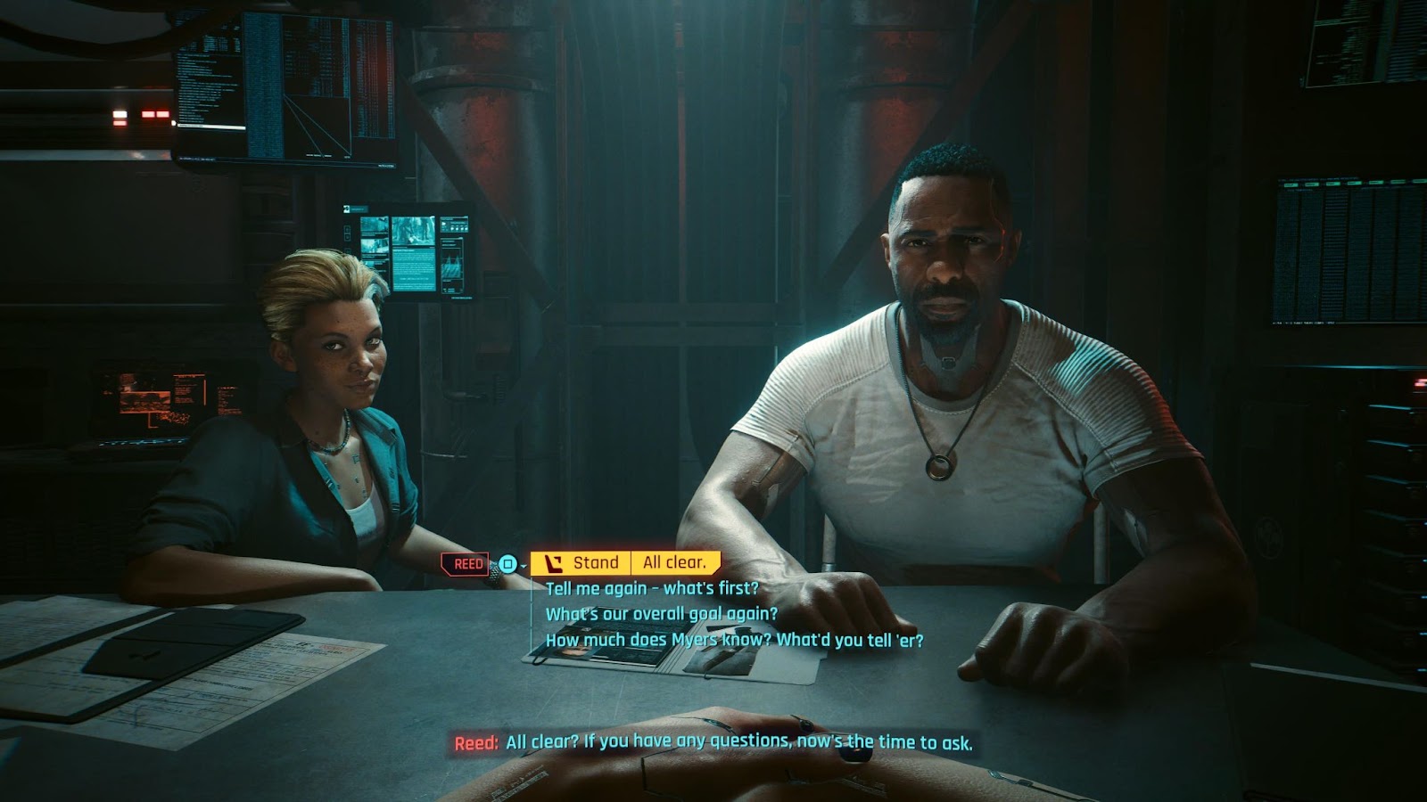 An in game screenshot of Alex and Reed from the game Cyberpunk 2077. 