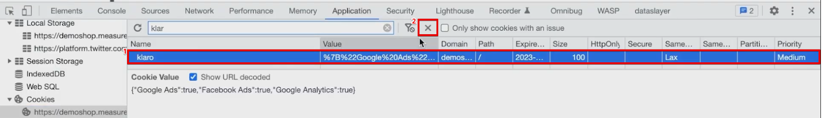 Analyzing the klaro cookie from the developer tools