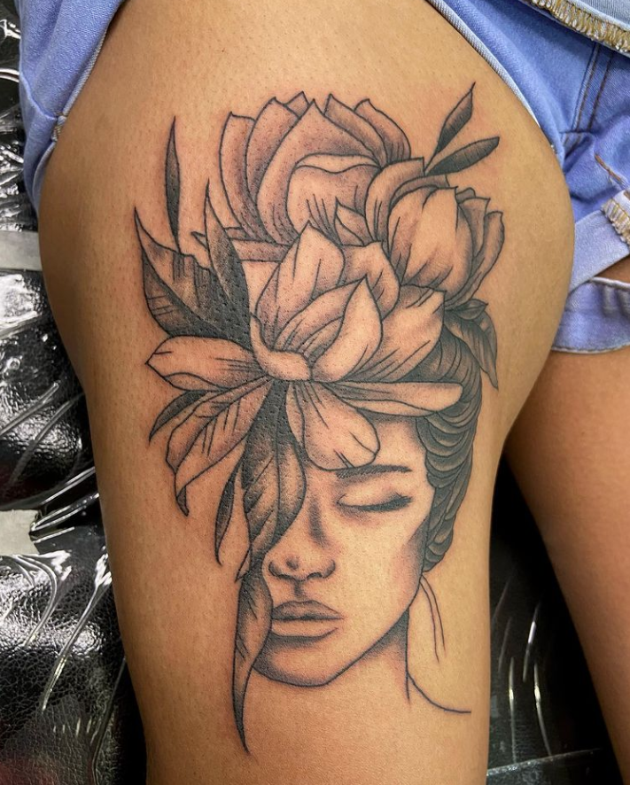 Eye Closed Big Flower Covered Girl Face Tattoo Design