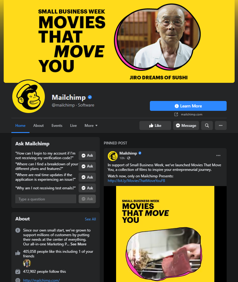 mailchimp facebook page example