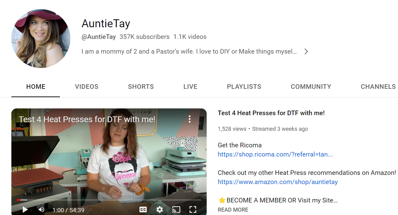 Screenshot of @AuntieTay YouTube profile page and latest video