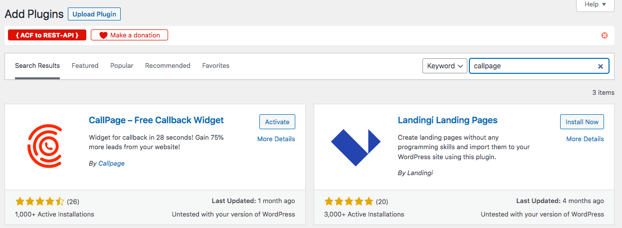 Screenshot of the WordPress marketplace displaying two plugins, CallPage and Landingi