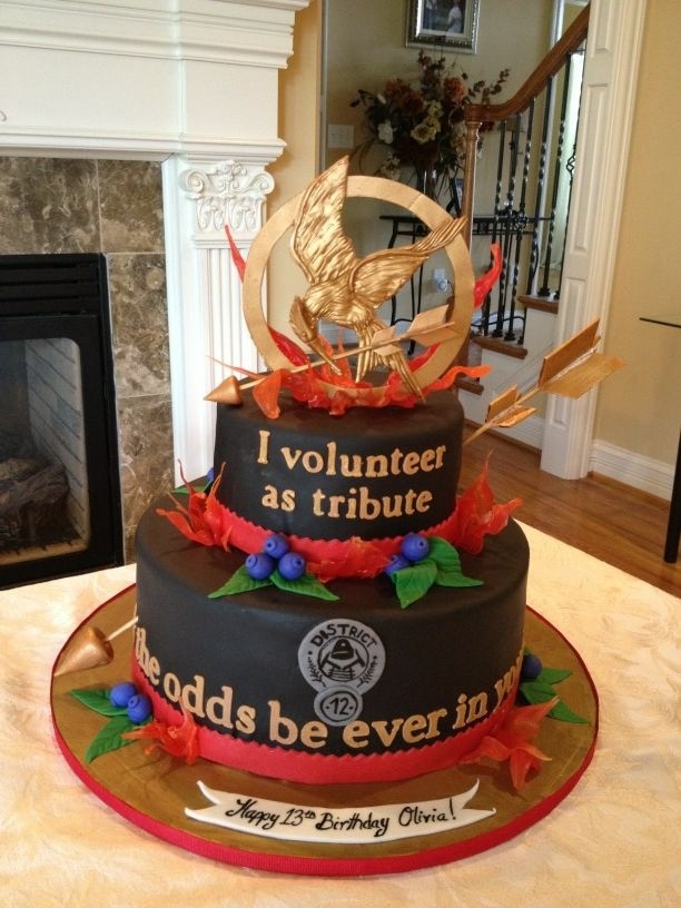This cake was a labor of love. The mockingjay on top was hand cut and sculpted from gumpaste, then airbrused. All other elements are pulled sugar, modeling chocolate, gumpaste and fondant. You may find more of my work on www.happyasalarkcakes.com and also on Facebook and twitter :)