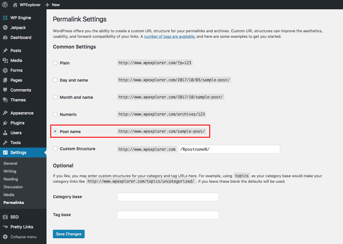 Configurações de links permanentes do WordPress