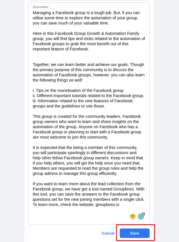 The third step is to add a Facebook group description