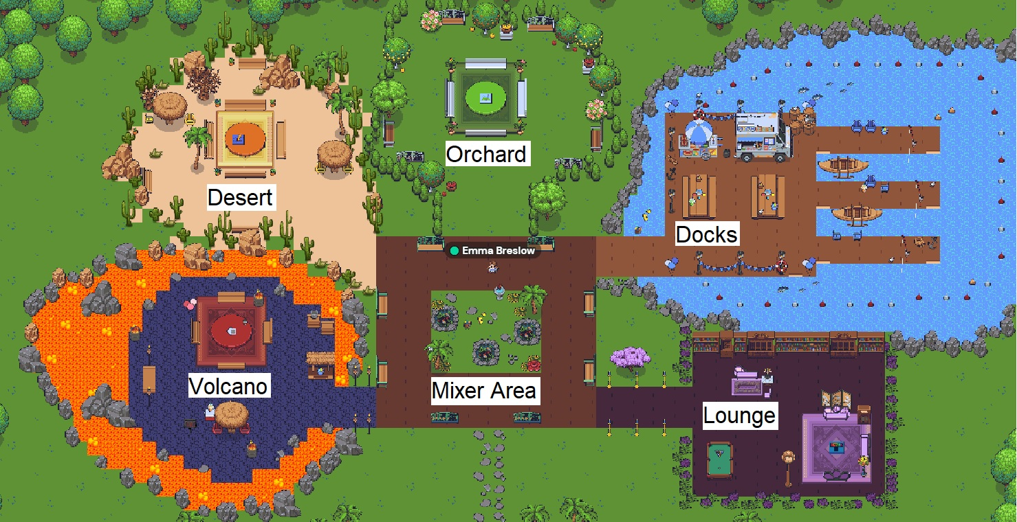 Image of the Social Garden space with five themed areas; clockwise from the top: Orchard, Docks, Lounge, Volcano, Desert, and a center area labeled ‘Mixer Area’
