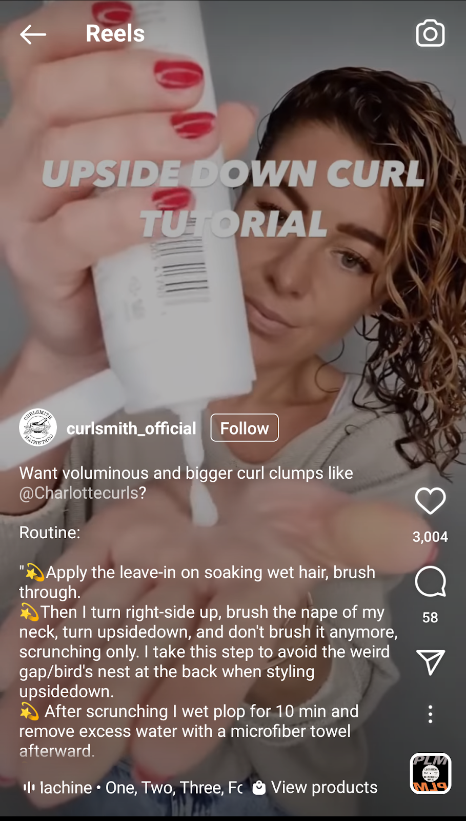 Screenshot of a shoppable UGC Instagram Reel titled "Upside Down Curl Tutorial" 