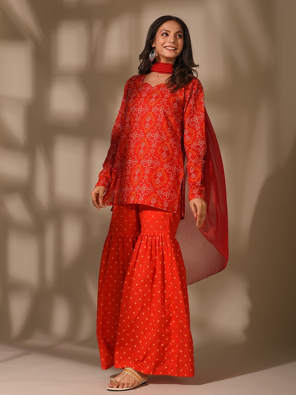 the loom - Red bandhani cotton sharara suit