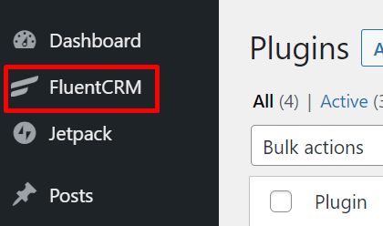 fluentcrm on wp dashboard, email subscription plugin for wordpress