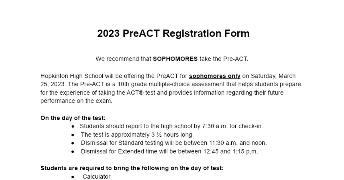 2023 PreACT Registration Form