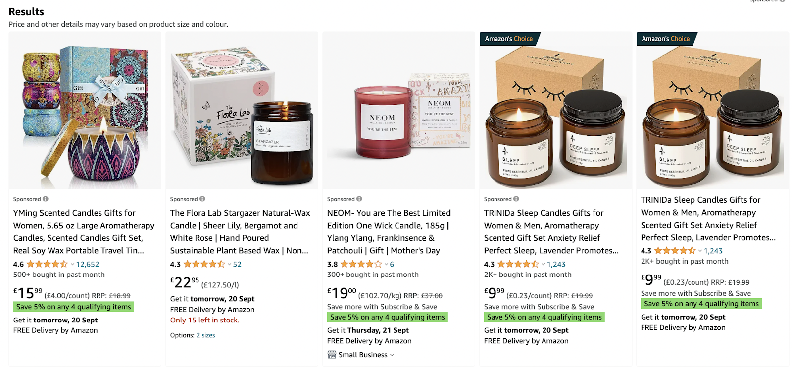  Candle products search results on Amazon 