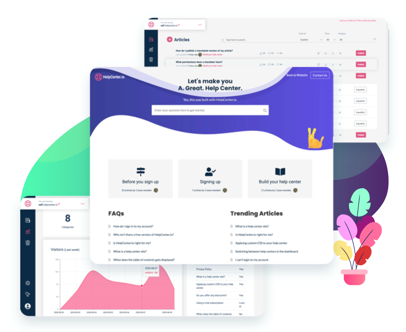 A screenshot from HelpCenter.io's website which shows what the knowledge base solution they offer will look like and what features you can expect to see.