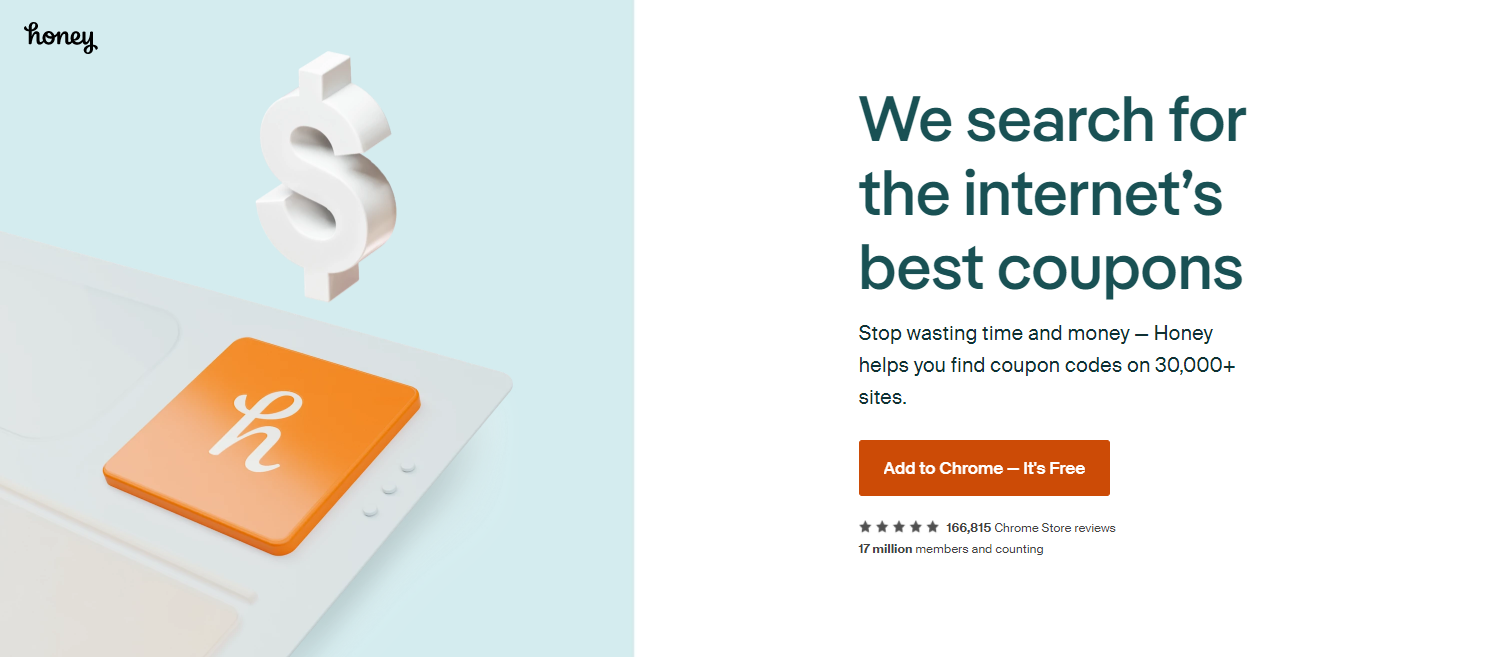 Honey extension Add to Chrome landing page.