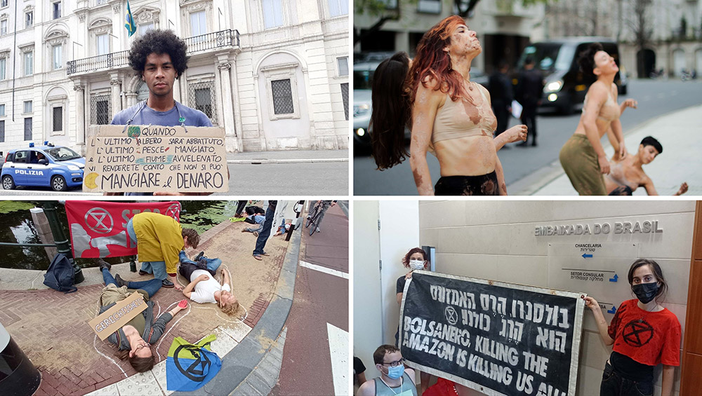 A photo montage including rebels holding signs both inside and in front of brazilian embassies, rebels dancing, and rebels having their body outlines chalked like in a crime scene.