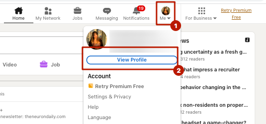 "Me" icon and "View profile” menu items allowing you to track profile viewers