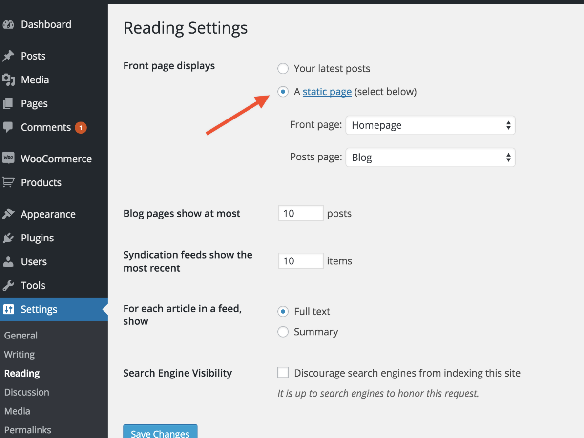 reading settings for WordPress website