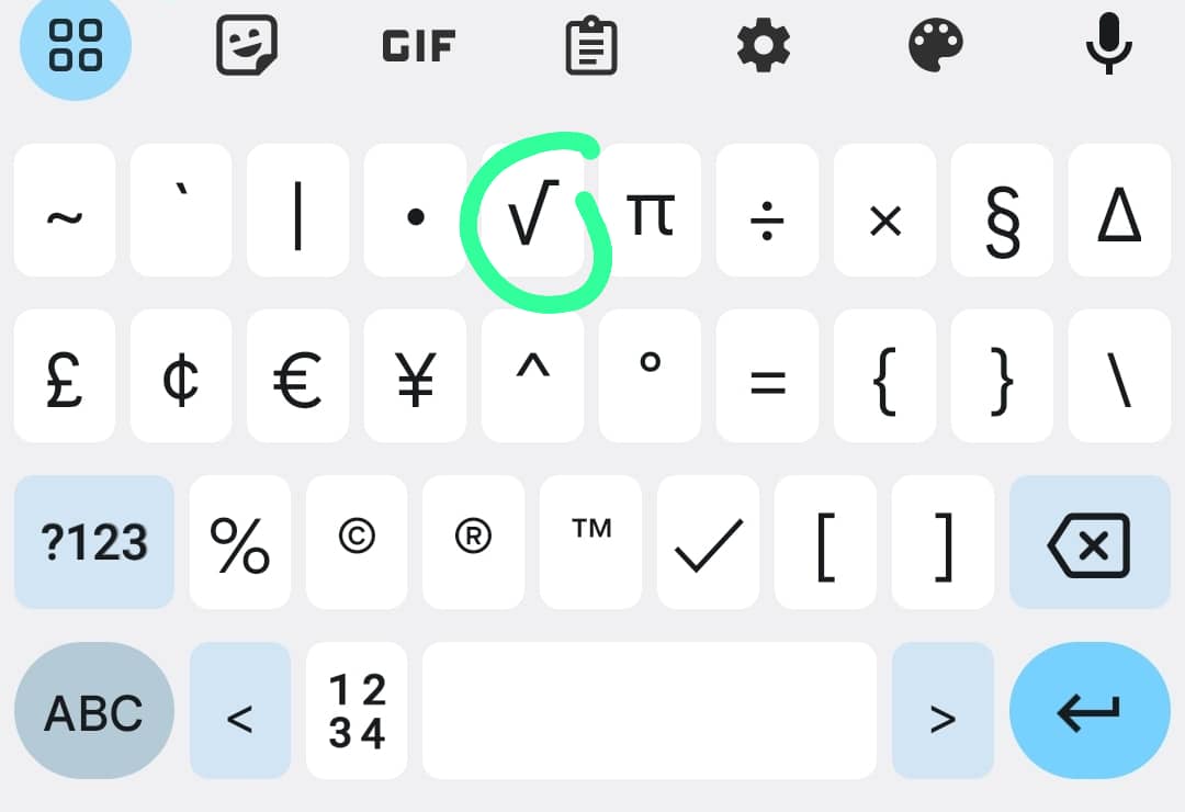 Typing the Square Root Symbol on Android
