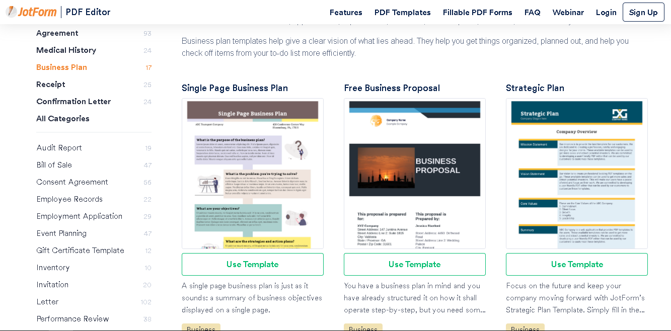 Business plan template and example from JotForm