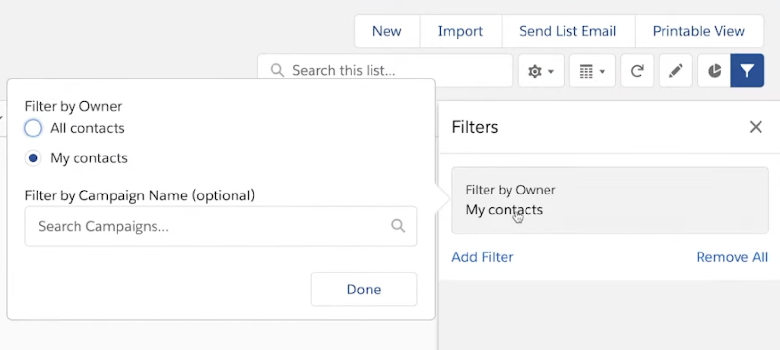 Salesforce Lightning filter contacts options