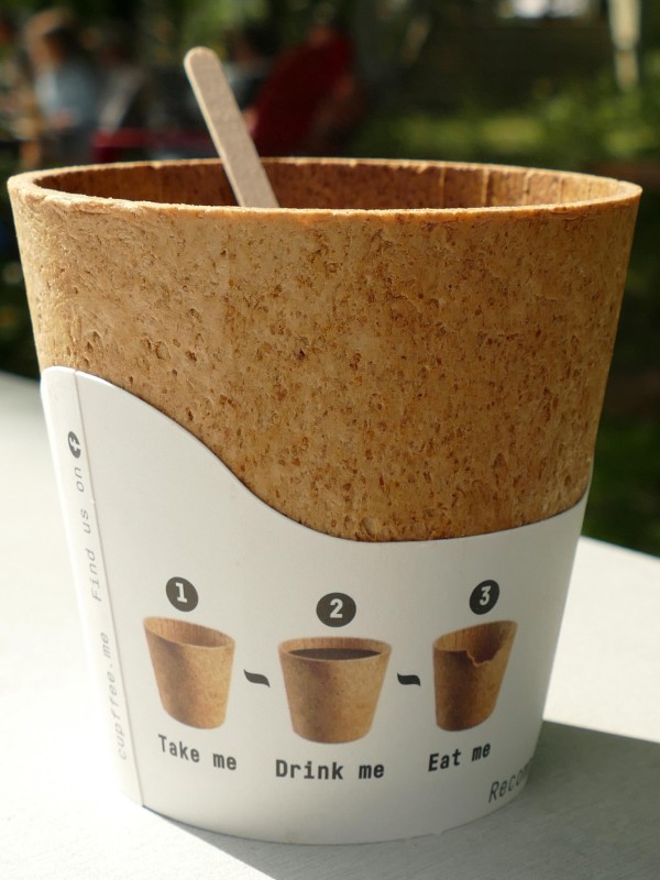 Image of edible cup made from cereal, with clear instructions on how to eat it after consuming the coffee inside. 