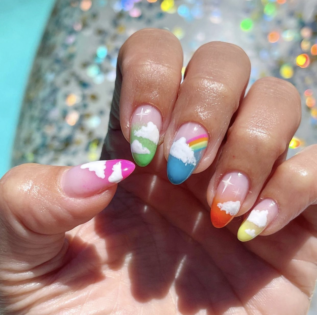 rainbow nails with clouds