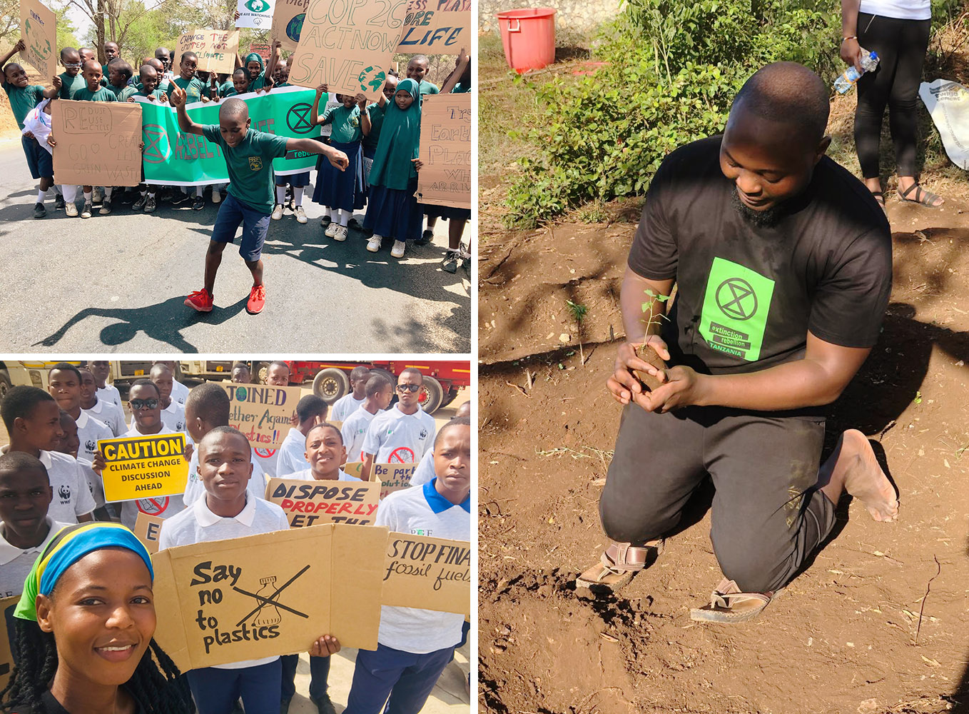 A school boy dances in front of his classmates on a march, a rebel kneels in the soil as he carefully plants a tree sapling, students march with signs about banning plastic