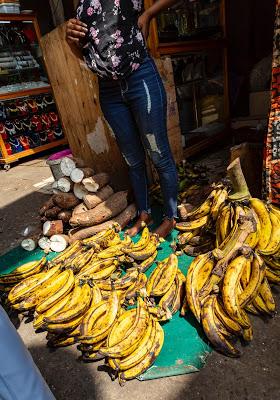 Ripe Plantains on display  in a marketplace with other produce