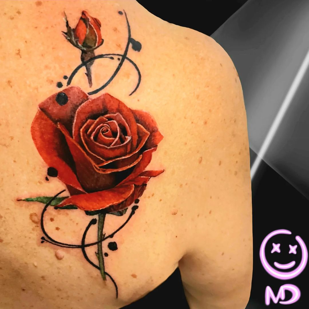 Impressive Red Rose shoulder Back Tattoo