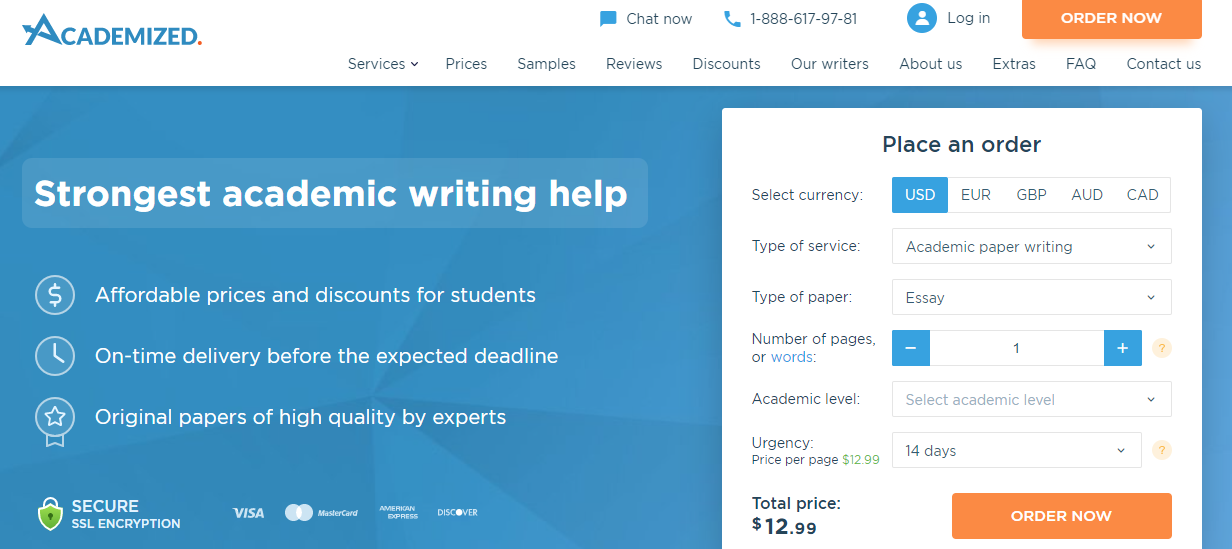 A picture showing Academized's homepage: Paper writing websites