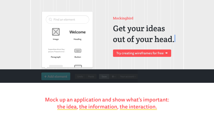 Mockingbird online tool for creating clickable wireframes landing with header 'Get your ideas out of your head'