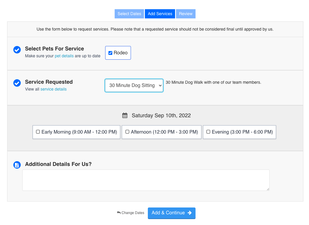 Client web portal view of service request form