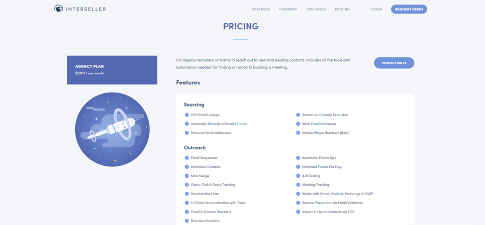 Interseller's pricing page with Agency Plan details and a list of features for recruitment.