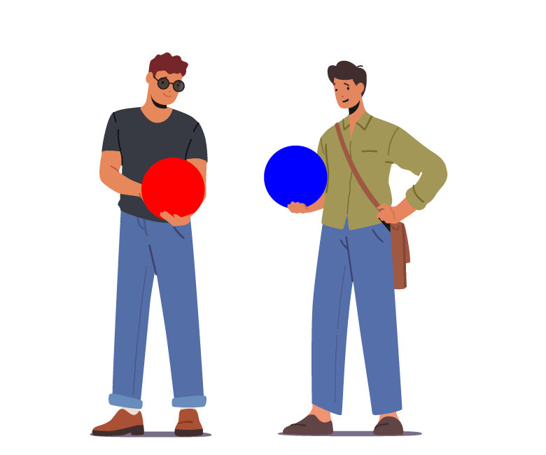 A couple of men holding round objects

Description automatically generated