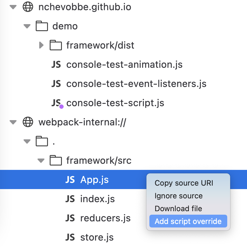 The debugger source tree is displayed, with a Javascript file, App.js, being focused.
The context menu is displayed for this file, and has a "Add script override" entry which is selected