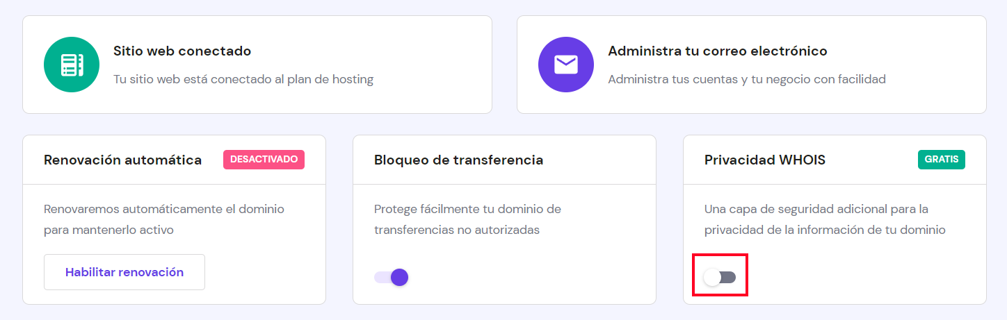 Sección Privacidad WHOIS de dominio de hPanel