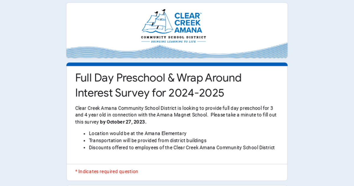 Full Day Preschool & Wrap Around Interest Survey for 2024-2025