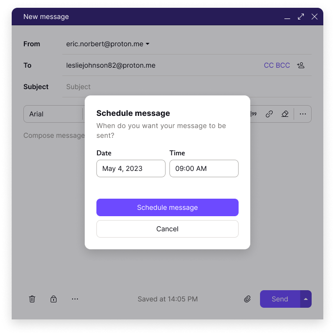 Schedule message options in the Proton Mail web app