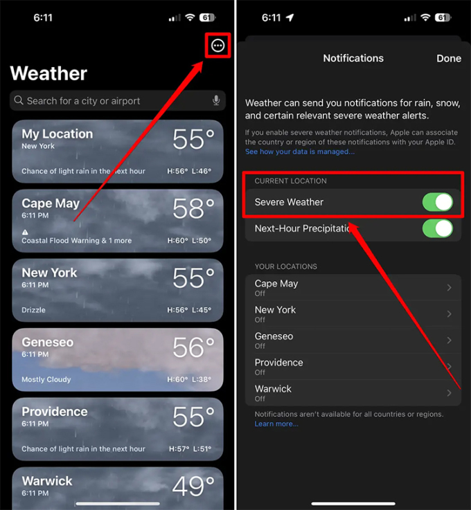 Bật tính năng cảnh báo thời tiết khắc nghiệt trên iPhone chạy iOS 16.