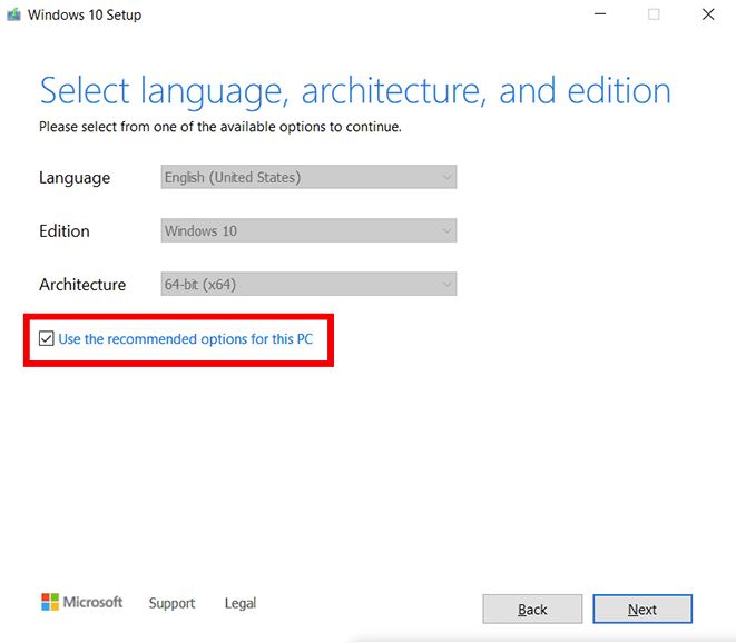 Now select the edition, architecture, and language you want to use on the USB, or select the recommended option and click next