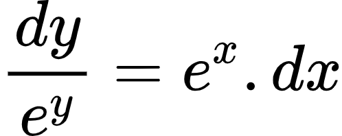 {"id":"33-2-1-0-1","type":"align*","font":{"color":"#000000","size":10,"family":"Arial"},"code":"\\begin{align*}\n{\\frac{dy}{e^{y}}}&={e^{x}.dx}\t\n\\end{align*}","ts":1603881409878,"cs":"oDe20d4wawf9JM6tJEDRBA==","size":{"width":82,"height":32}}