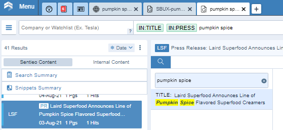 Pumpkin Spice search in Sentieo platform