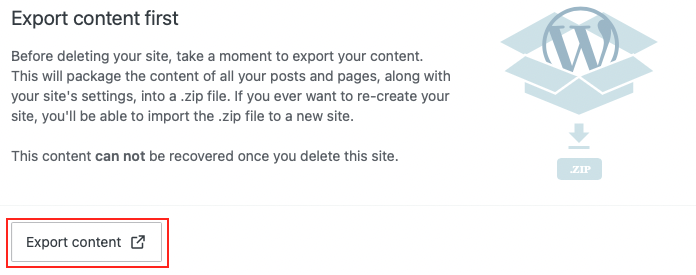 export wordpress content before deleting website screen